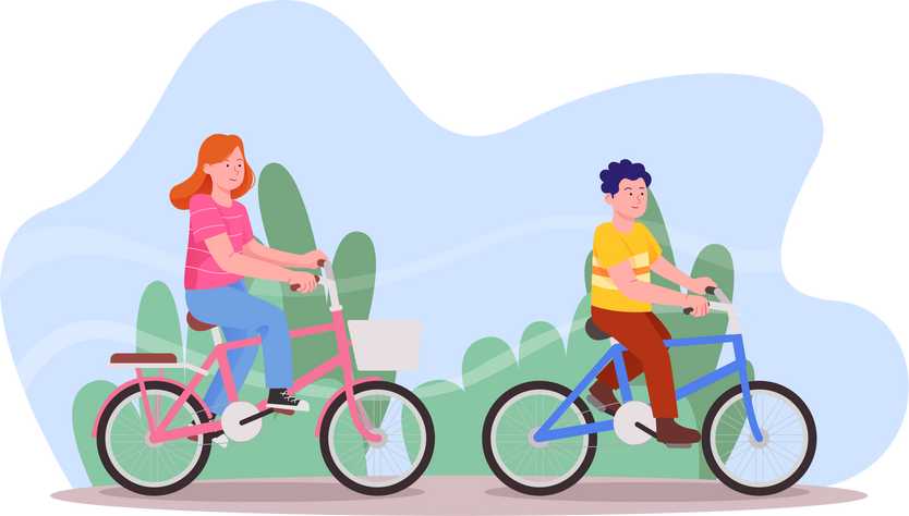 Happy Kids Riding Bike Together Cartoon